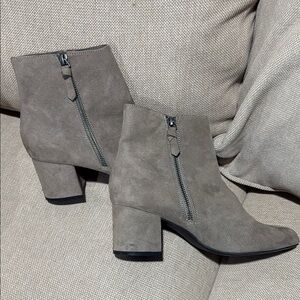 LOFT Gray Ankle Boots with Stacked Heel and Side Zipper
